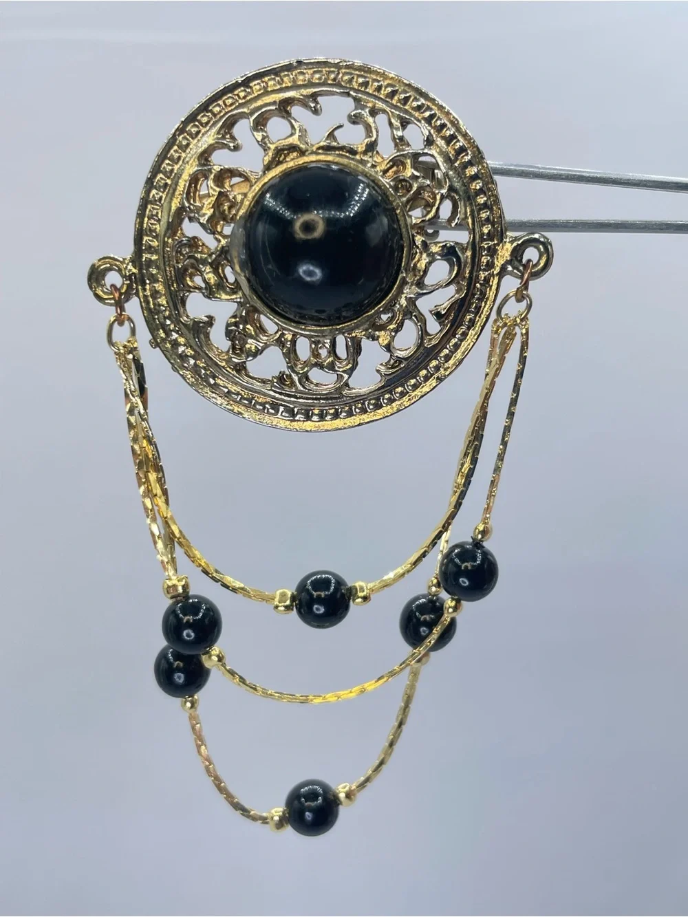 Vintage Antique Gold Tone Black Acrylic Dangle Brooch Filigree